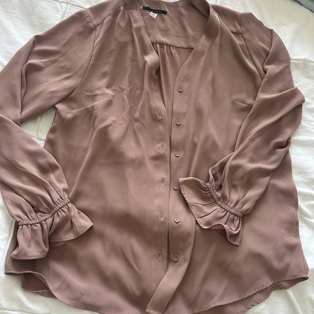 Tahari Pink Ruffled Long Sleeve Blouse